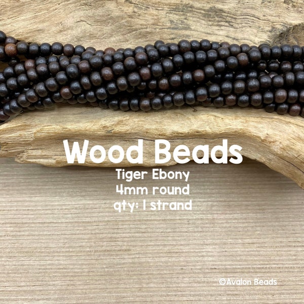 Wood Beads, 4mm Round Beads, 100% Sustainable, Tiger Ebony, Eco-Friendly