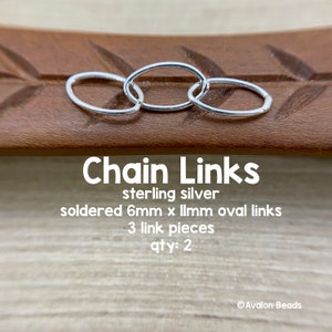 はんだ付けされた 6 mm x 11 mm 楕円形リンク付きスターリングチェーンピース - 3 リンクセクション - 2 個