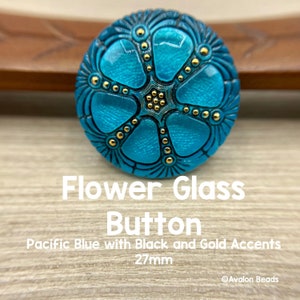 Flower Glass Button, Pacific Blue With Black and Gold Accents, 27mm