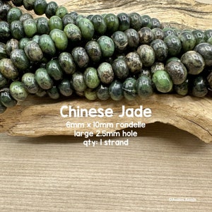 Large Hole Chinese Jade Gemstone Beads, 6mm x 10mm Rondelle, 8&quot; Strand