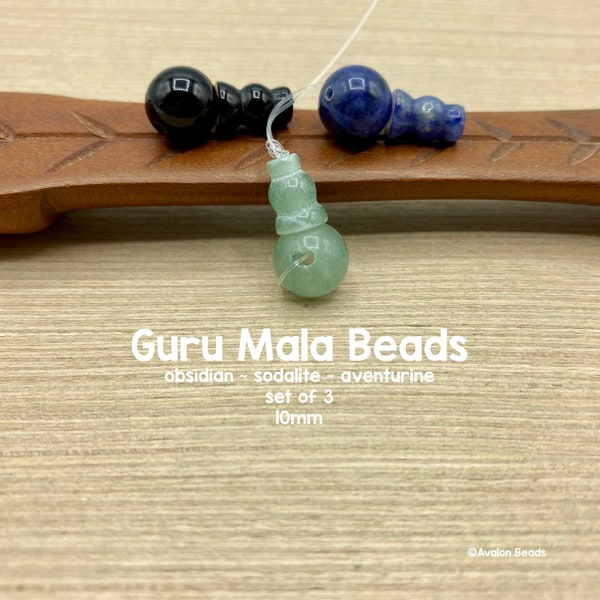 Mala Guru Beads, Set of 3, Green Aventurine, Black Onyx, Sodalite, 10mm