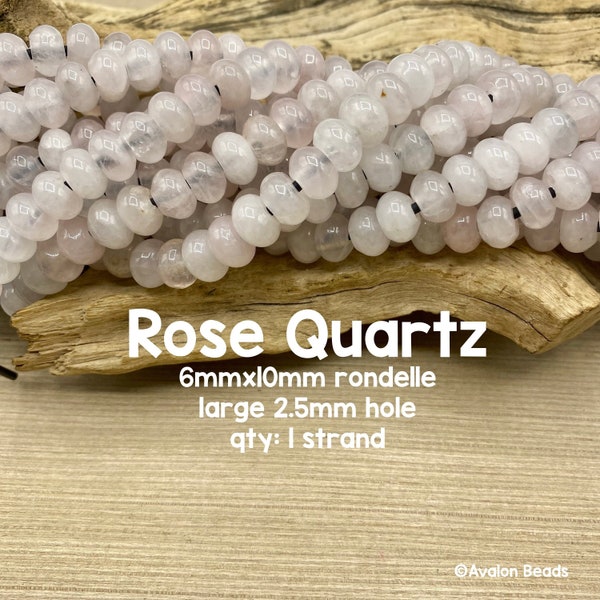 Large Hole Rose Quartz Gemstone Beads, 6mm x 10mm Rondelle, 8" Strand