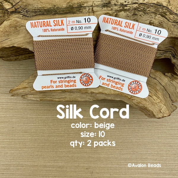 Griffin Silk Cord with Needle, Size 10, Beige, 2 Packs