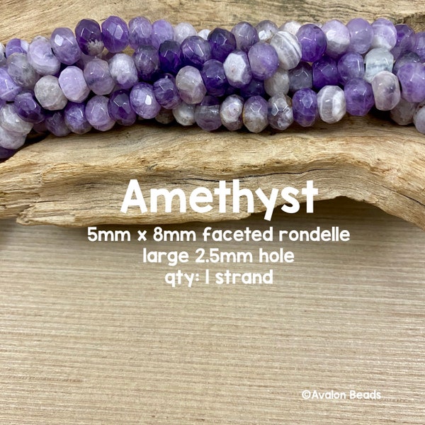 Large Hole Amethyst Gemstone Beads, 5mm x 8mm Faceted Rondelle, 8" Strand