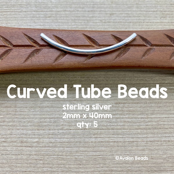 Sterling Silver Curved Tube Beads, 40mm x 2mm, 5 Beads