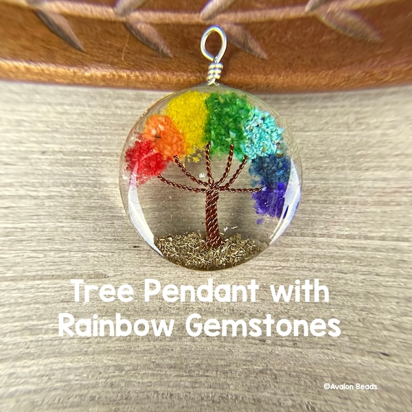 Rainbow Gemstone Copper Tree Acrylic Pendant, Tree of Life Bead for Necklaces or Earrings