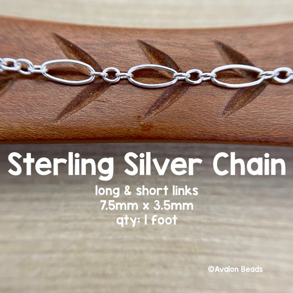 Sterling Silver Chain, Long & Short Links, By The Foot