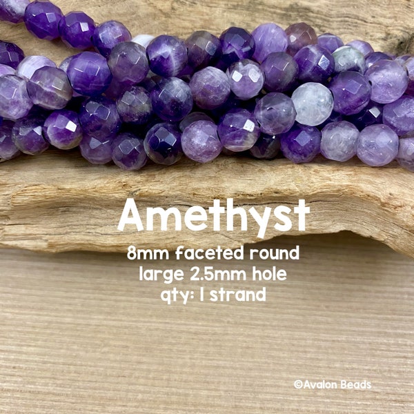 Large Hole Amethyst Gemstone Beads, 8mm Faceted Round, 8" Strand