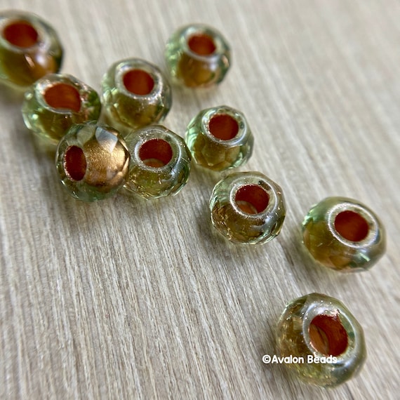 Large Hole Glass Beads, 6mm X 9mm Rondelle Roller With 3mm Hole, Green  Copper-lined, 10 Pieces 