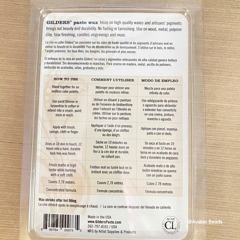 May include: Gilders Paste Wax packaging with instructions on how to use the wax. The packaging is white with blue and red text. The wax is concentrated and covers 2.78 meters. Made in the USA.
