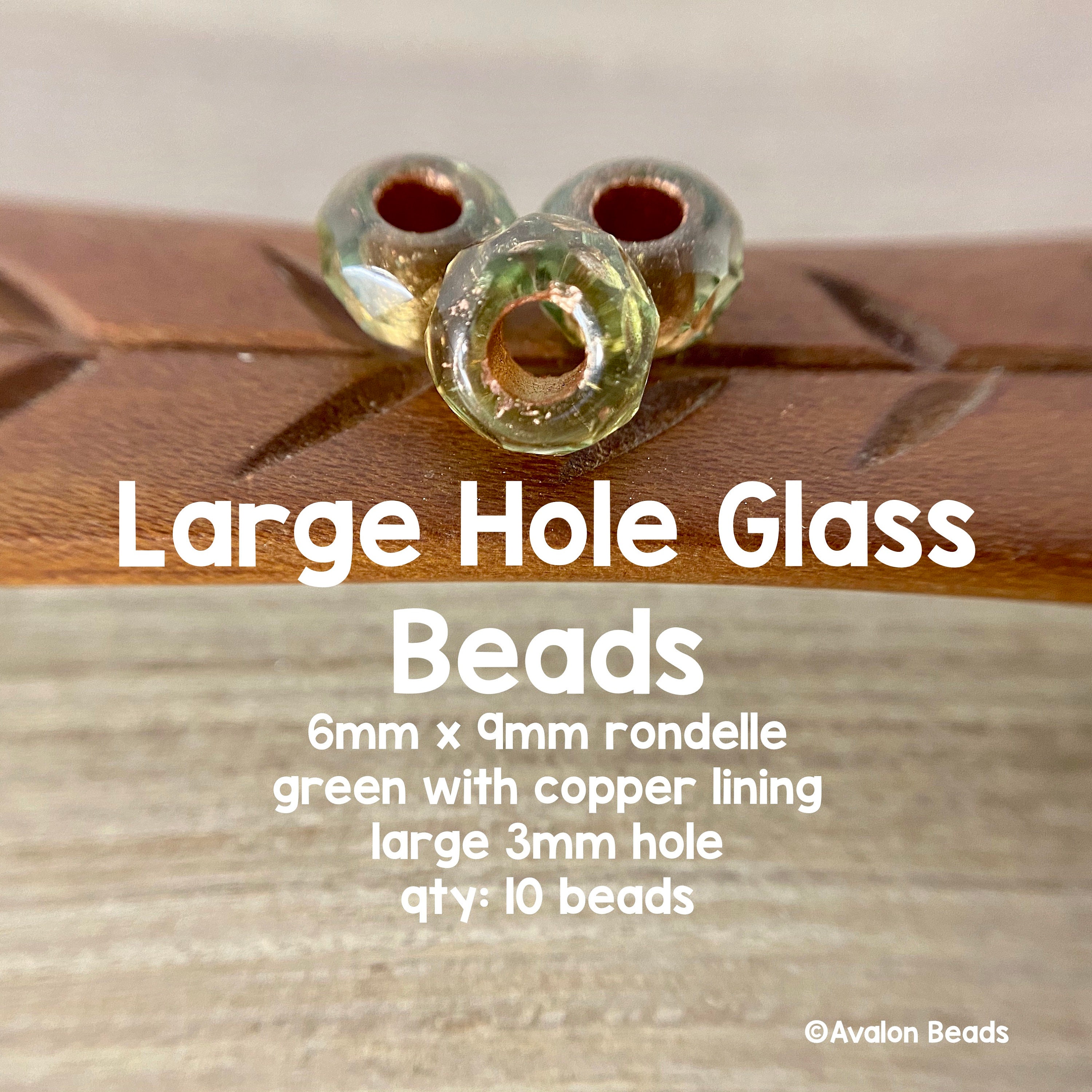 Large Hole Glass Beads, 6mm X 9mm Rondelle Roller With 3mm Hole, Green  Copper-lined, 10 Pieces 