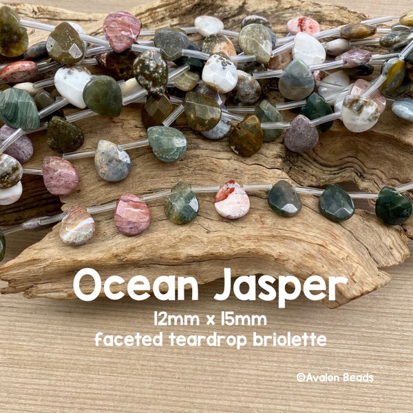 Ocean Jasper Gemstone Beads, 12mm x 15mm Faceted Teardrop Briolettes, 12 Beads