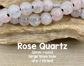 Extra Large Hole Rose Quartz Gemstone Beads, 12mm Round, 4mm Hole, 8" Strand