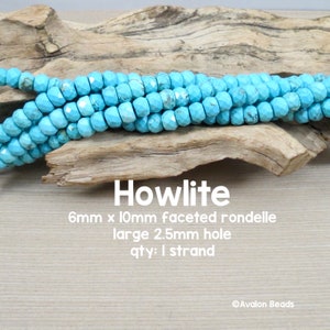 Large Hole Turquoise Howlite Gemstone Beads, 6mm x 10mm Faceted Rondelle, 8" Strand