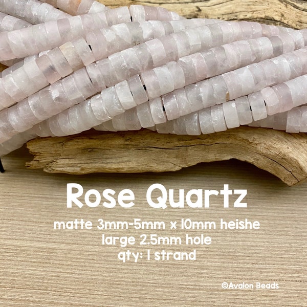 Large Hole Rose Quartz Gemstone Beads, 3mm-5mm x 10mm Matte Heishe, 8" Strand