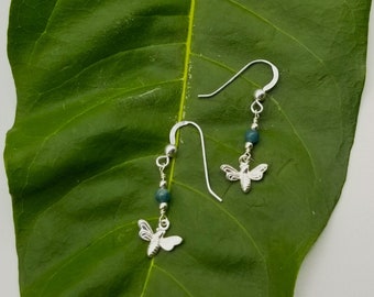 Sterling Silver Bee Earrings With 3mm Apatite Bead