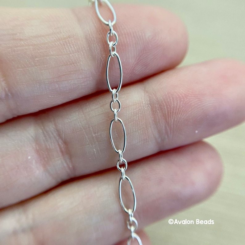 May include: Close-up of a delicate silver chain with oval links. The chain is held in a person's hand, showcasing its fine details and reflective surface. The chain is a jewelry component, perfect for crafting necklaces and bracelets.