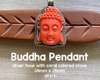 Buddha Pendant with Light Coral Color Stone & Silver, Focal Piece From Nepal