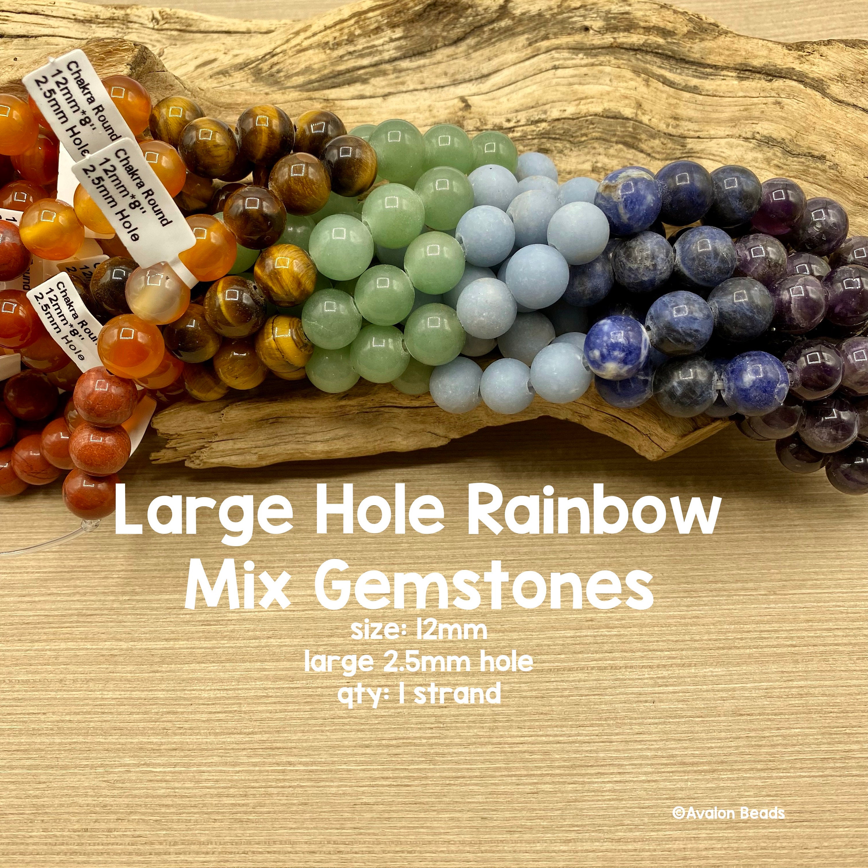 Large Hole Mixed Gemstone Bead Strand, 12mm Round, 9.5 Inch Strand