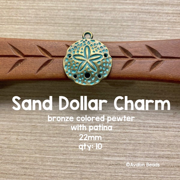 Sand Dollar Charms, étain de couleur bronze avec patine verte, 10 pièces