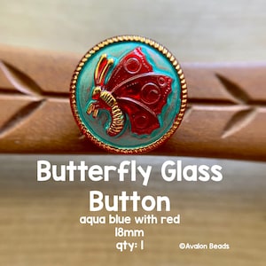 Butterfly Glass Button, Aqua Blue with Red, 18mm