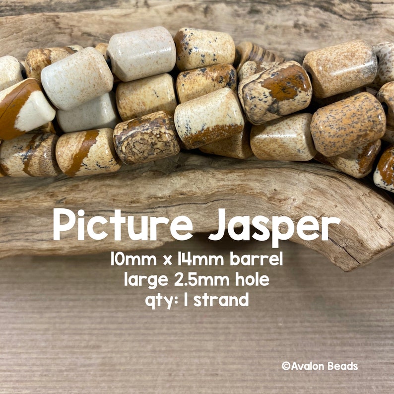 Large Hole Picture Jasper Gemstone Beads, 10mm x 14mm Barrel, 8 Strand image 1