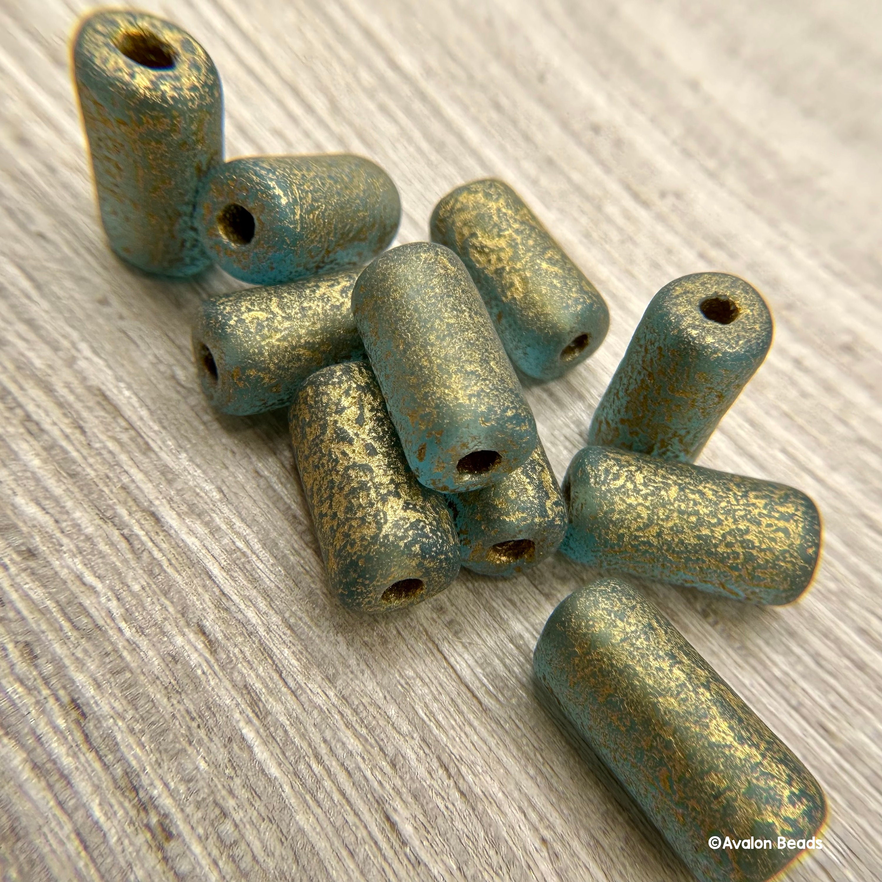 Large Hole Glass Beads, 7mm X 14mm Tube With 2.5mm Hole, Sky Blue With Gold  Finish, 10 Pieces 