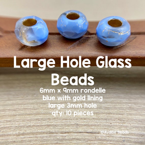 Large Hole Glass Beads, 6mm X 9mm Rondelle Roller With 3mm Hole, Blue With  Gold Lining, 10 Pieces 