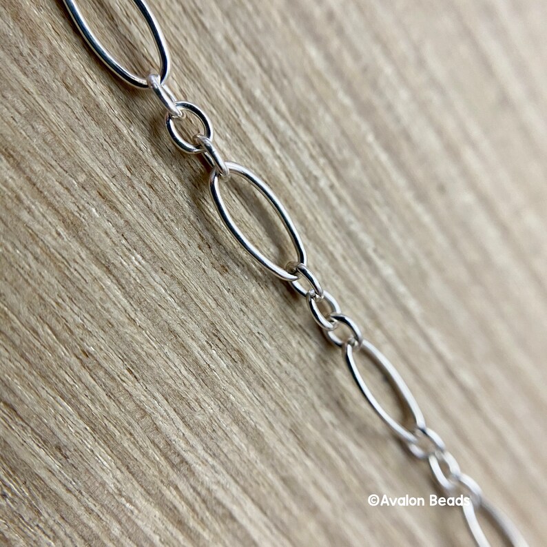 May include: Close-up of a silver chain with oval links. The chain is made of shiny, polished metal and is displayed against a light brown wooden surface. The chain links are connected by small, round rings.