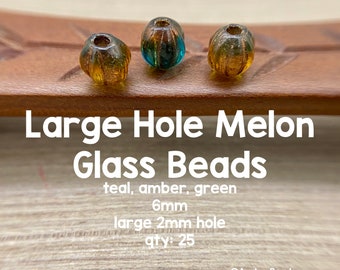 Teal Amber Green Glass Melon Beads, Large Hole (25 Pieces)