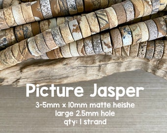 Large Hole Picture Jasper, Matte Heishe Gemstone Beads, 3mm-5mm x 10mm