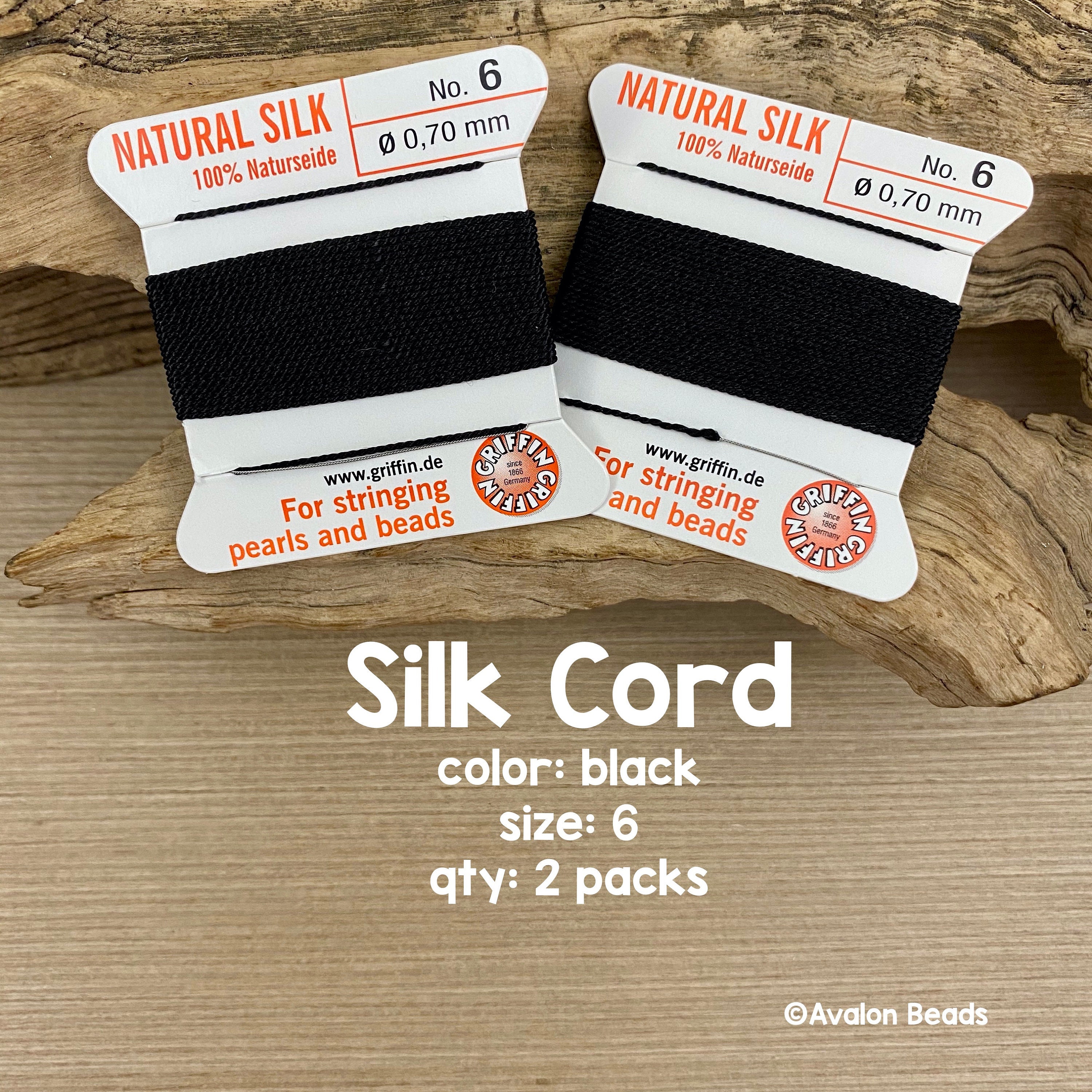 Griffin Silk Cord with Needle, Size 6, Black. 2 Packs