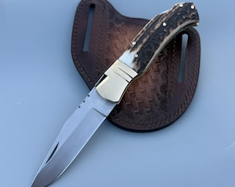 Handmade D2 Steel Folding Knife: Elk Antler Handle, Leather Sheath