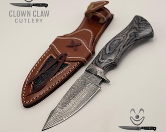 Handmade Damascus Hunting Knife – Ladder Pattern Blade, Oak Wood Handle, Leather Sheath