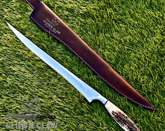 Handmade Fillet Knife with Elk Antler Handle, High Polish Blade, Leather Sheath Custom Fishing