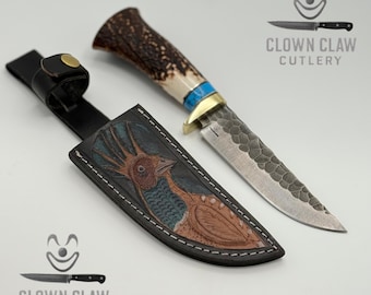 Hand Forged Carbon Steel Hunting Knife – Deer Antler Handle, Turquoise Spacer, Leather Sheath