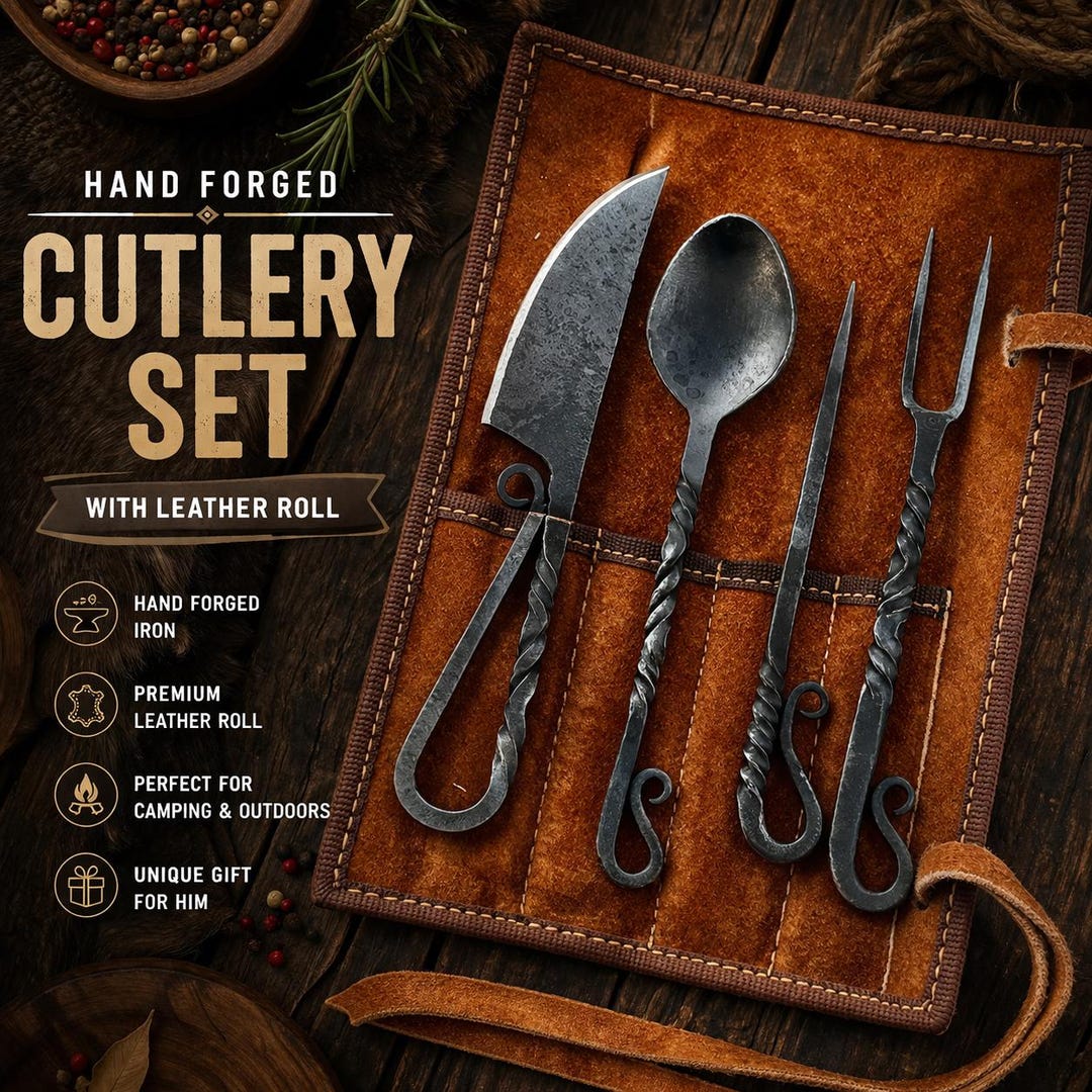 Hand Forged Iron Cutlery Set | Rustic Medieval Utensils, Leather Roll ...
