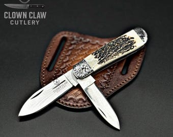 Handmade Trapper Knife, Elk Antler Handle, Engraved Bolster, Leather Sheath
