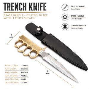Personalized Handmade Brass Handle D2 Steel Knife with Black Leather Sheath | Gift for Him image 1