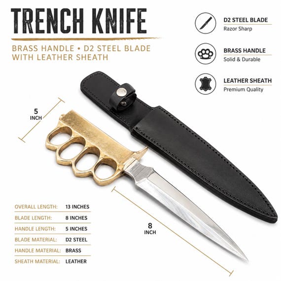 Personalized Handmade Brass Handle D2 Steel Knife with Black Leather Sheath | Gift for Him