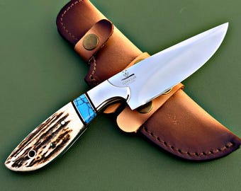 Handmade Skinner Knife | Mirror Finish Blade | Deer antler  Handle | Leather Sheath | Gift for Him