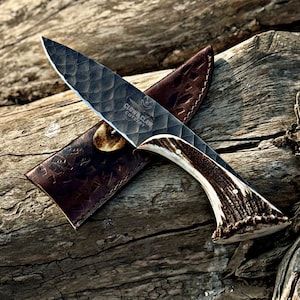 Hand Forged Hunting Knife – 12C27 Steel, Deer Antler Handle, Leather Sheath