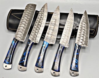 Handmade Damascus Kitchen Knife Set, Red Resin Handle, Leather Roll, Personalized Chef Knives