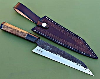 Handmade 12C7 Forged Carbon Steel Japanese Chef Knife | Wood & Micarta Handle Scales + Leather Sheath
