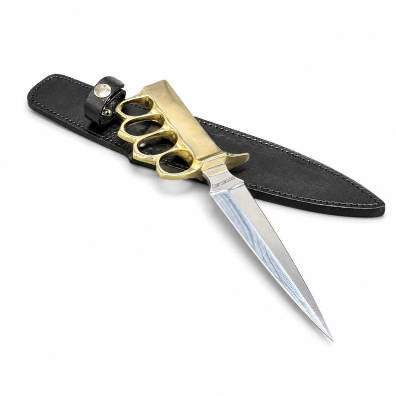 Personalized Handmade Brass Handle D2 Steel Knife with Black Leather Sheath | Gift for Him image 4