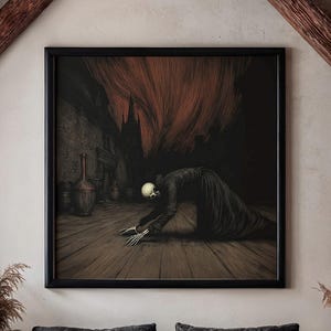 May include: A framed artwork depicting a dark figure kneeling in a dimly lit room. The room features wooden floors and a red, textured backdrop. The scene is set in a rustic, cozy living room with a black sofa, bean bag chairs, and a wooden coffee table.