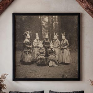 May include: A sepia-toned framed photograph of people in rabbit masks hangs above a dark gray sofa. The room features exposed wooden beams, a wooden coffee table, and two black bean bag chairs. A patterned rug and a window are also visible.