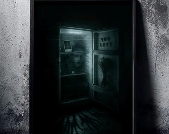 Haunted Fridge Scene: Dark Horror Print, Creepy Surreal Home Decor