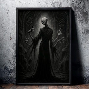 May include: A framed black and white artwork showing a tall, slender figure with long limbs and a flowing robe. The artwork has a gothic theme, with a dark, ominous atmosphere. The figure is set against a backdrop of stylized trees and peering eyes.