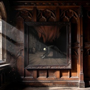 May include: A framed artwork depicting a skeletal figure in a dark setting. The figure is kneeling on a wooden floor, with a skull for a head and long, flowing robes. The artwork is framed in a dark, ornate wooden frame.